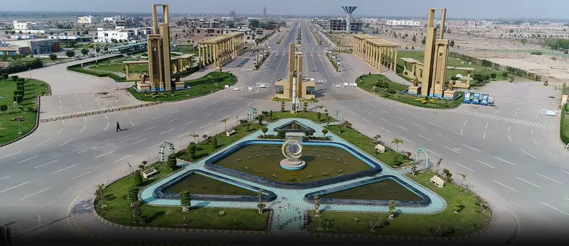 Aerial view of the main entrance and boulevard of a Multan housing society